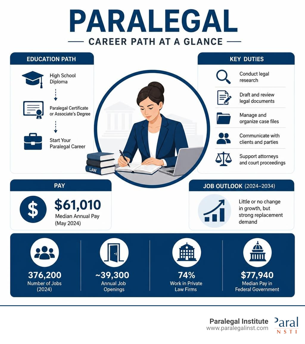 Paralegal career path infographic showing education, duties, pay, and job outlook at a glance infographic