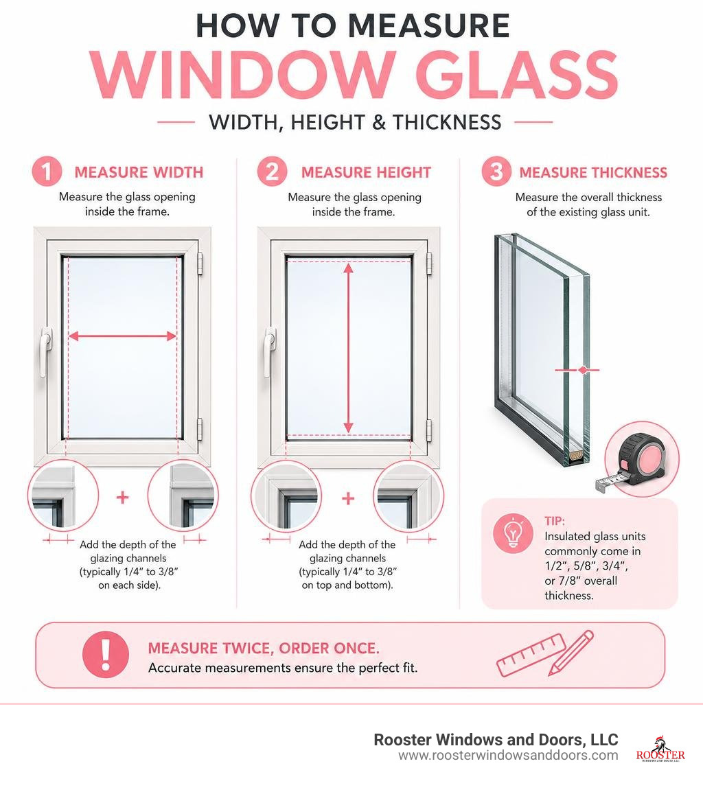 infographic showing how to measure window glass width, height, and thickness infographic