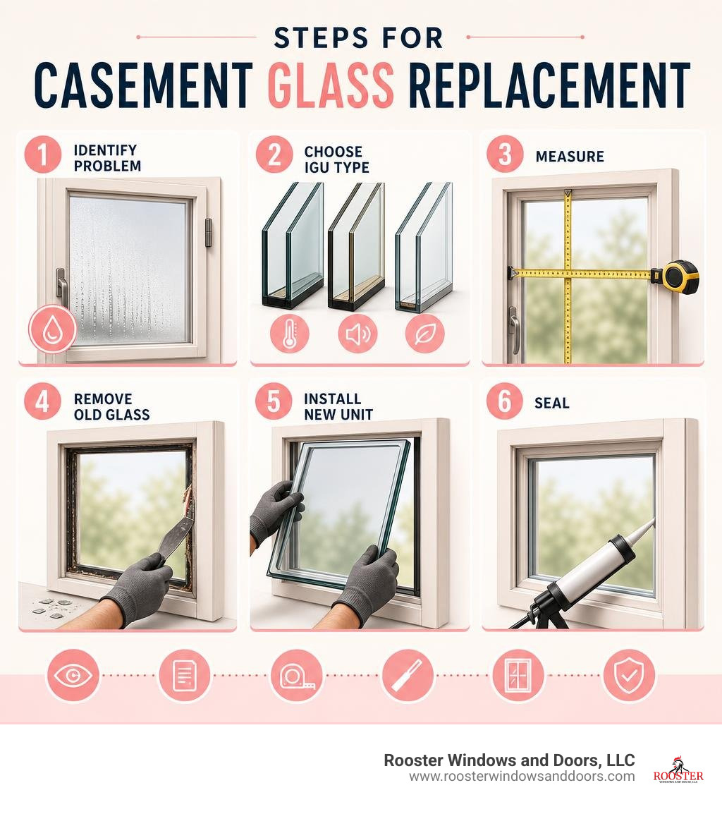 Steps for casement glass replacement: identify problem, choose IGU type, measure, remove old glass, install new unit, seal