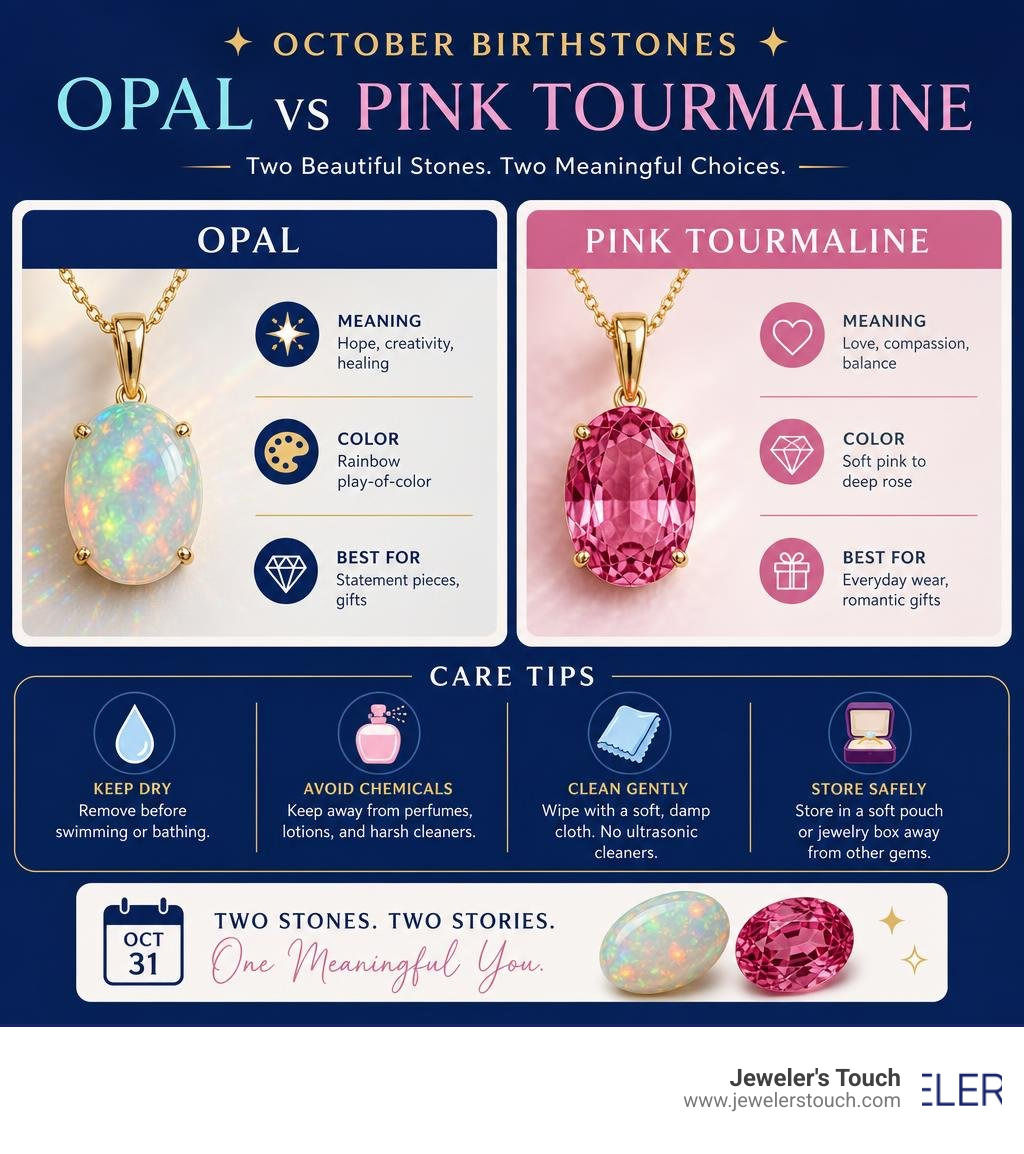 Infographic comparing opal and pink tourmaline as October birthstones with meanings, colors, and care tips infographic