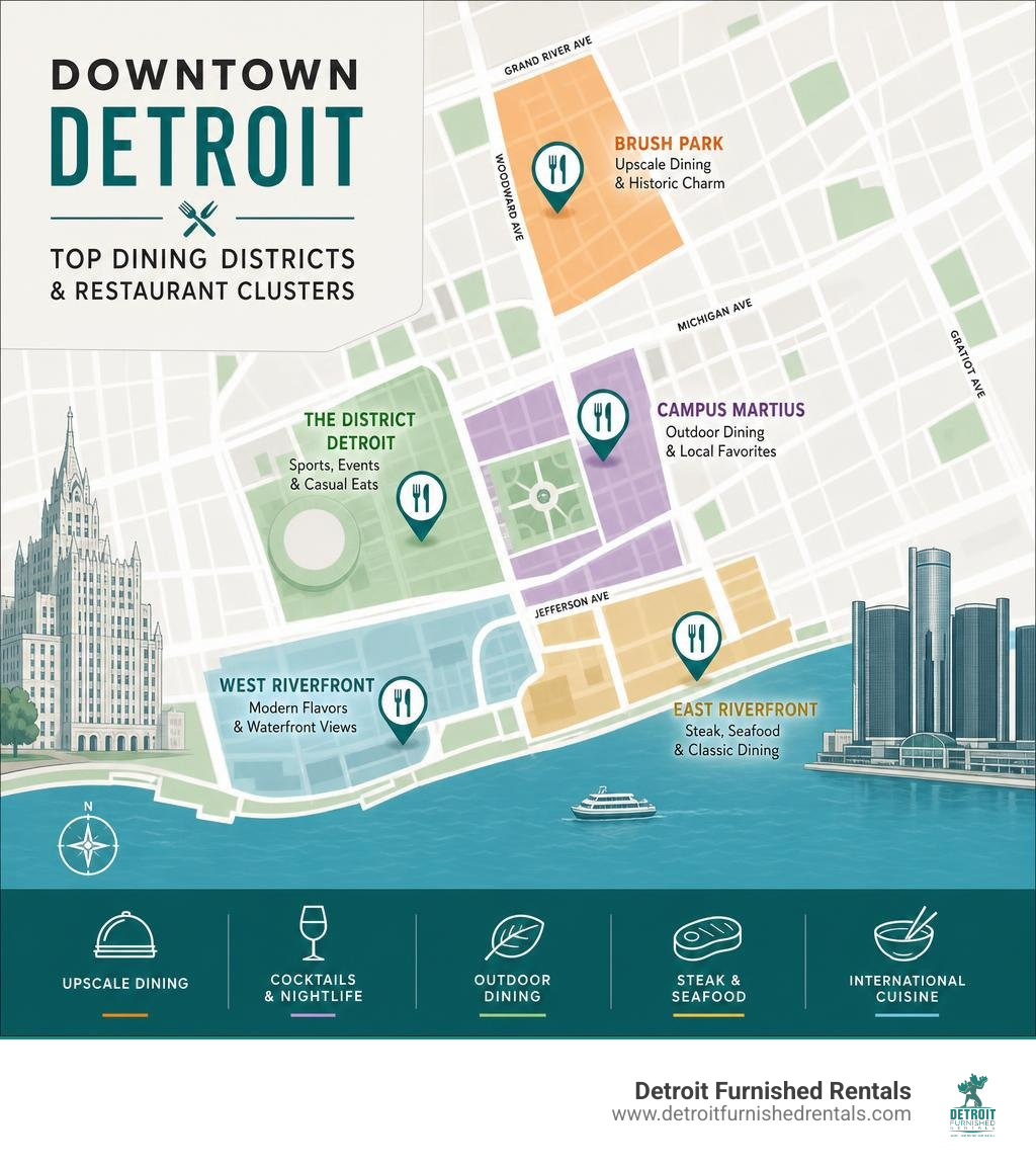 Map infographic of downtown Detroit's top dining districts and restaurant clusters infographic