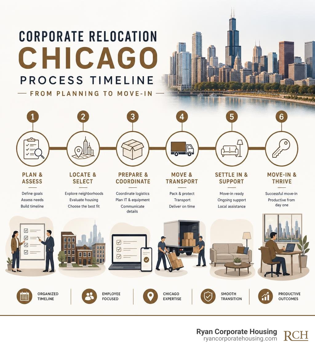 Corporate relocation Chicago process timeline infographic from planning to move-in infographic