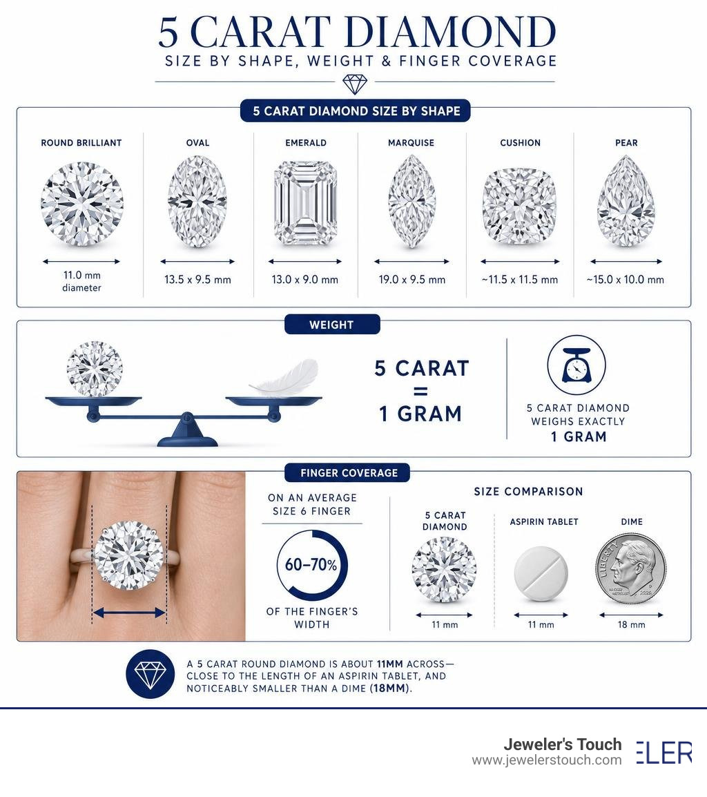 Infographic showing 5 carat diamond size by shape, weight, and finger coverage infographic Infographic showing 5 carat diamond size by shape, weight, and finger coverage infographic