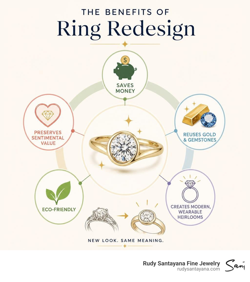 Infographic showing benefits of ring redesign: saves money, preserves sentimental value, reuses gold and gemstones