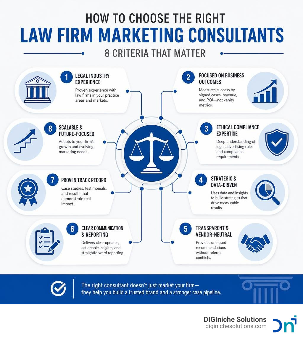 Infographic outlining the selection criteria for law firm marketing consultants infographic Infographic outlining the selection criteria for law firm marketing consultants infographic