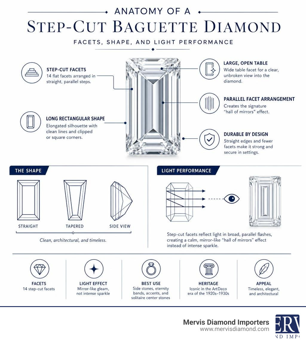 Anatomy of a step-cut baguette diamond: facets, shape, and light performance infographic infographic