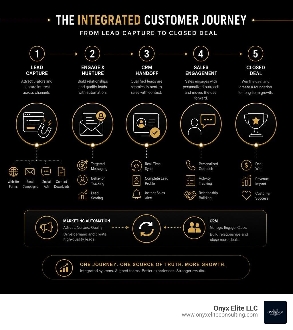 Infographic showing the integrated customer journey from lead capture through CRM handoff to closed deal infographic Infographic showing the integrated customer journey from lead capture through CRM handoff to closed deal infographic