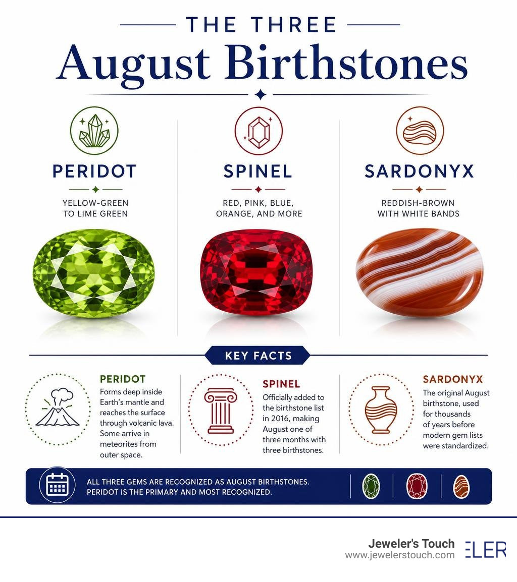 Infographic comparing three August birthstones peridot spinel and sardonyx with colors and key facts infographic