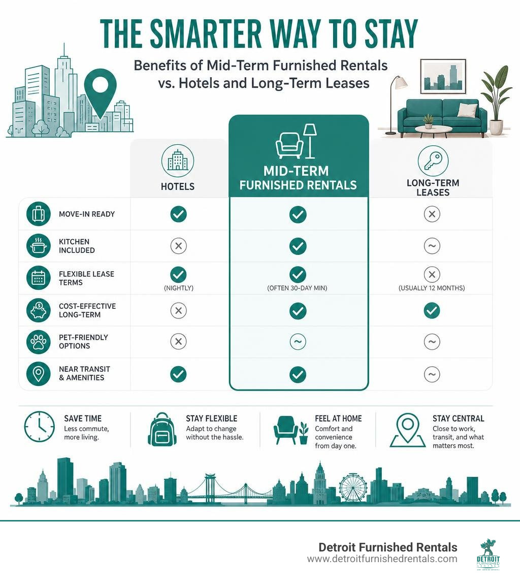 Benefits of mid-term furnished rentals compared to hotels and long-term leases infographic