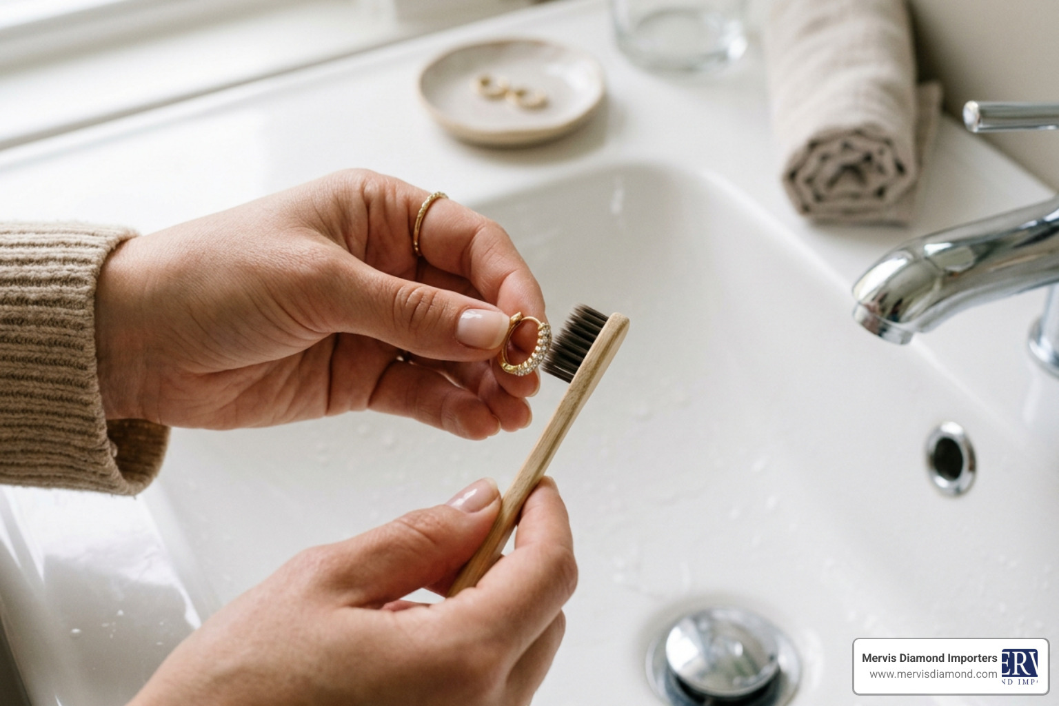 Gently cleaning diamond huggie earrings with a soft brush