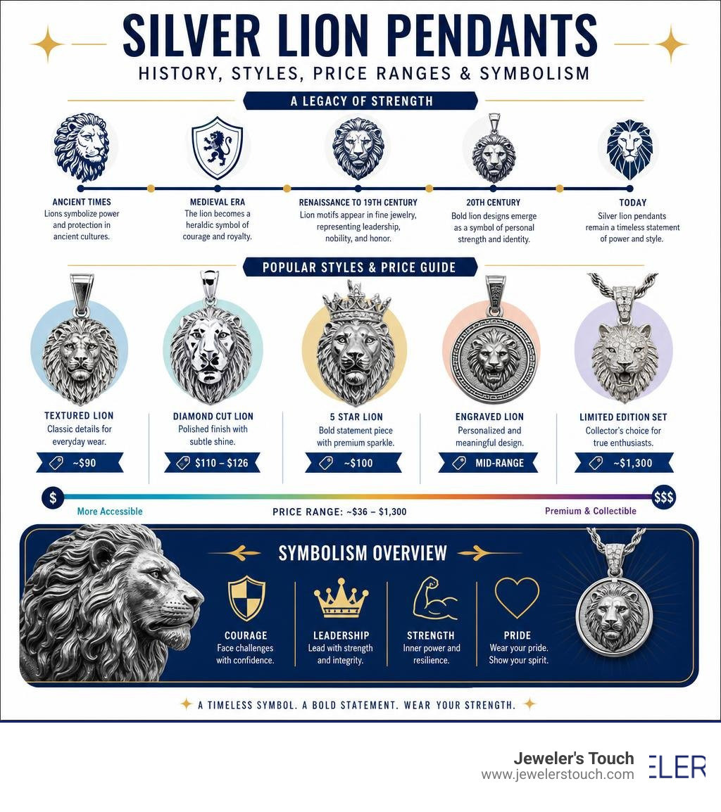 History and styles of silver lion pendants with price ranges and symbolism overview infographic History and styles of silver lion pendants with price ranges and symbolism overview infographic