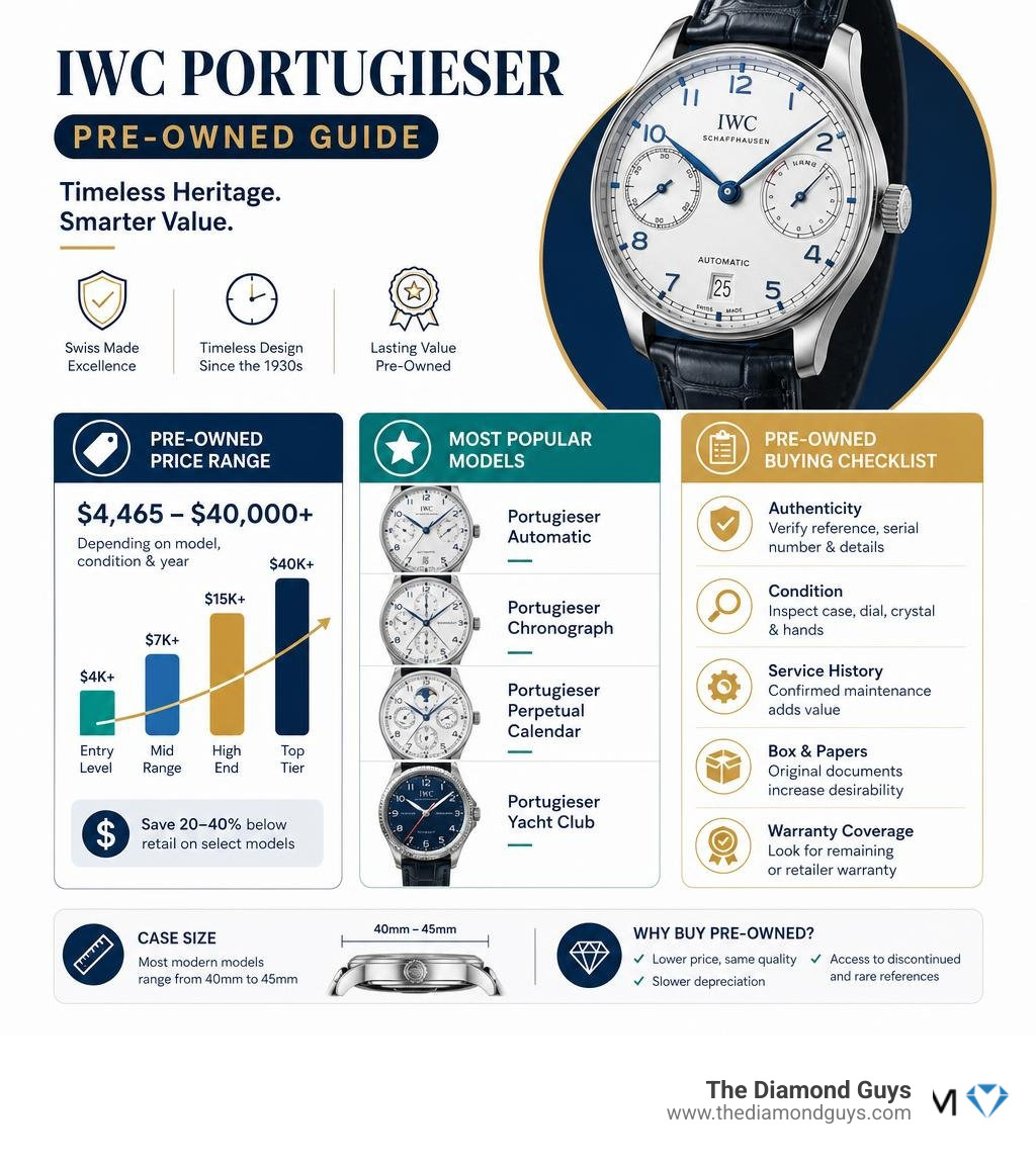 Infographic showing IWC Portugieser pre-owned price ranges, popular models, and buying checklist infographic Infographic showing IWC Portugieser pre-owned price ranges, popular models, and buying checklist infographic