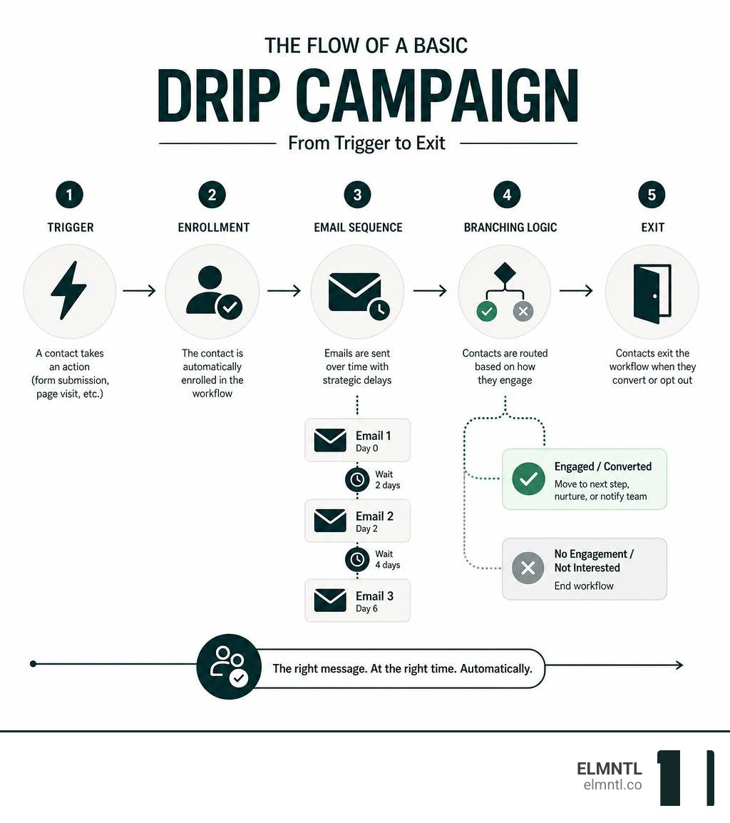 Infographic showing the flow of a basic HubSpot drip campaign from trigger to exit infographic Infographic showing the flow of a basic HubSpot drip campaign from trigger to exit infographic