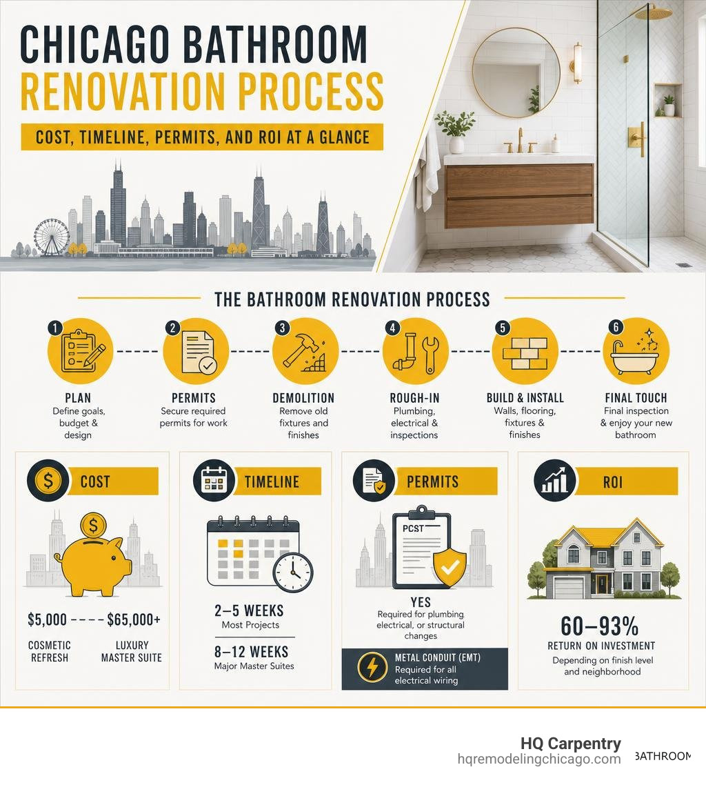 Chicago bathroom renovation process infographic: cost, timeline, permits, and ROI at a glance infographic