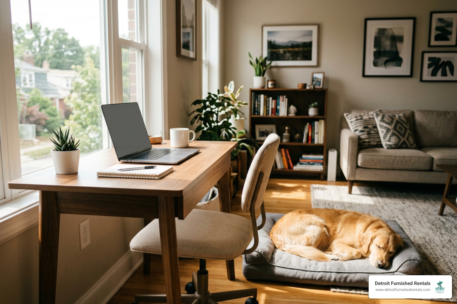 pet-friendly apartment with a dedicated workspace and a dog sleeping nearby