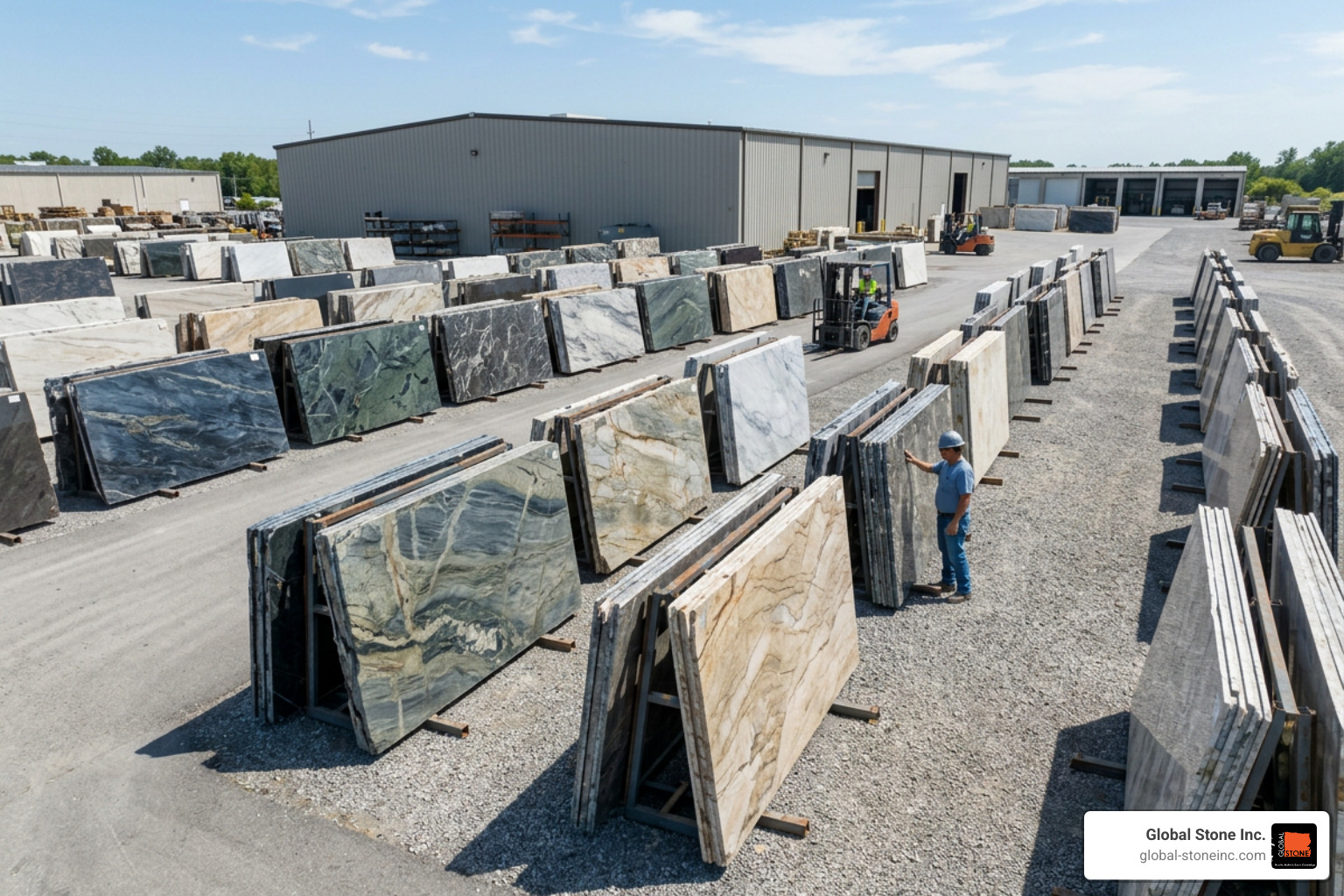 Slab yard at local stone center showing beautiful natural stone slabs