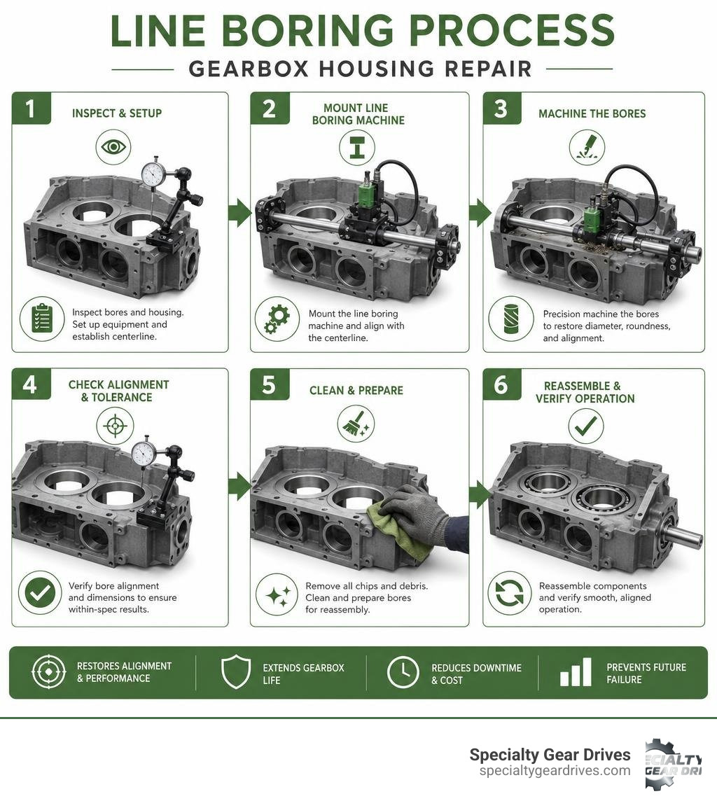 Step-by-step line boring process for industrial gearbox housing repair infographic infographic Step-by-step line boring process for industrial gearbox housing repair infographic infographic