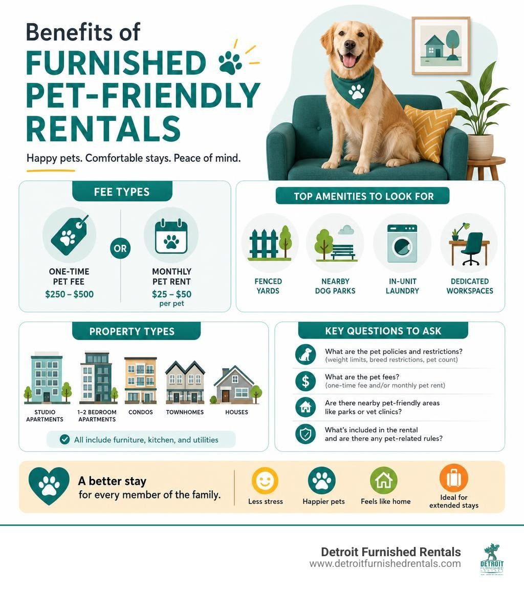 Benefits of furnished pet-friendly rentals infographic showing fee types, amenities, property types, and key questions to