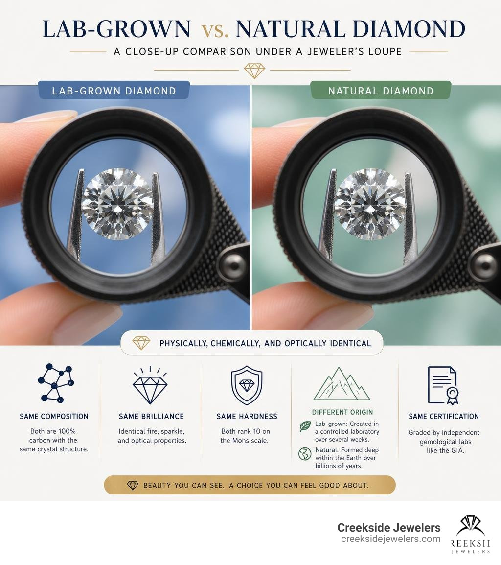 A close-up comparison of a lab-grown diamond and a natural diamond under a jeweler's loupe infographic
