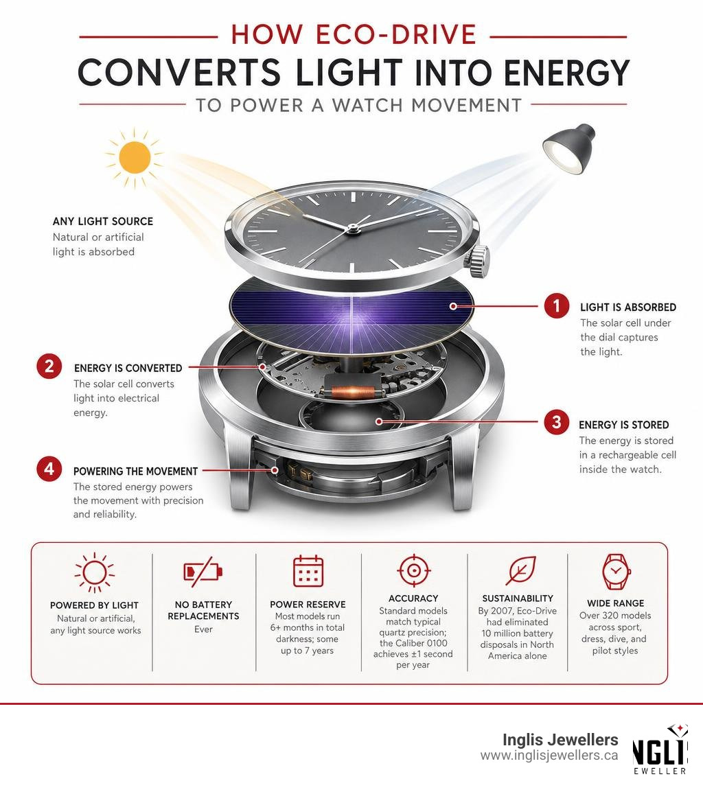 How Citizen Eco-Drive converts light into energy to power a watch movement infographic