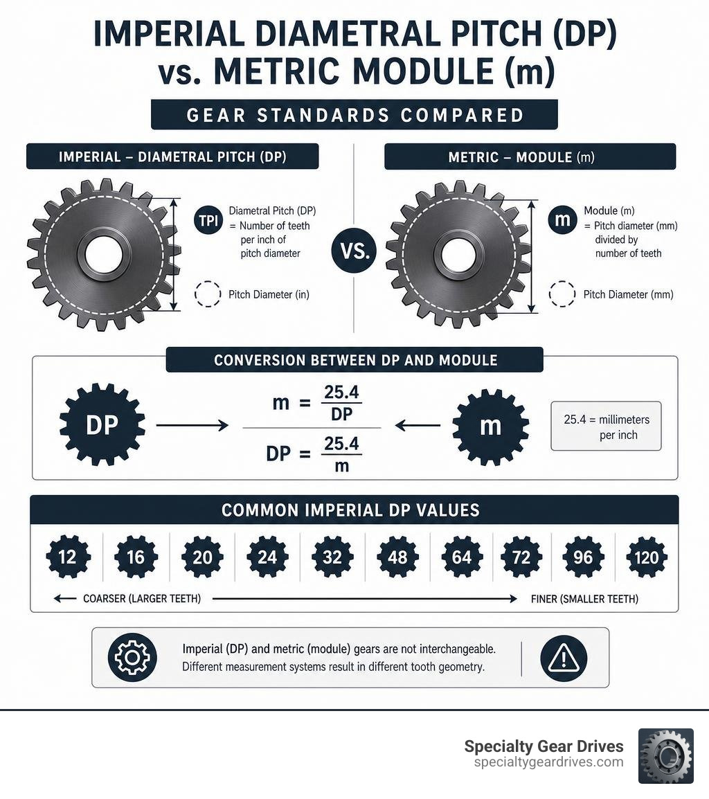 Infographic comparing imperial diametral pitch vs metric module gear standards with conversion formula and common DP values Infographic comparing imperial diametral pitch vs metric module gear standards with conversion formula and common DP values