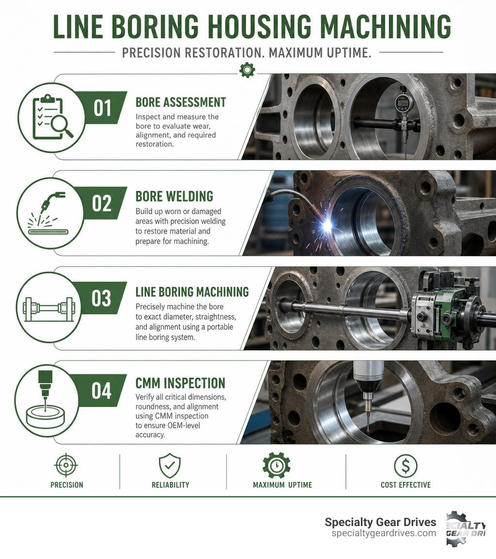 Line boring housing machining process infographic: steps from bore assessment to welding to machining to CMM inspection Line boring housing machining process infographic: steps from bore assessment to welding to machining to CMM inspection
