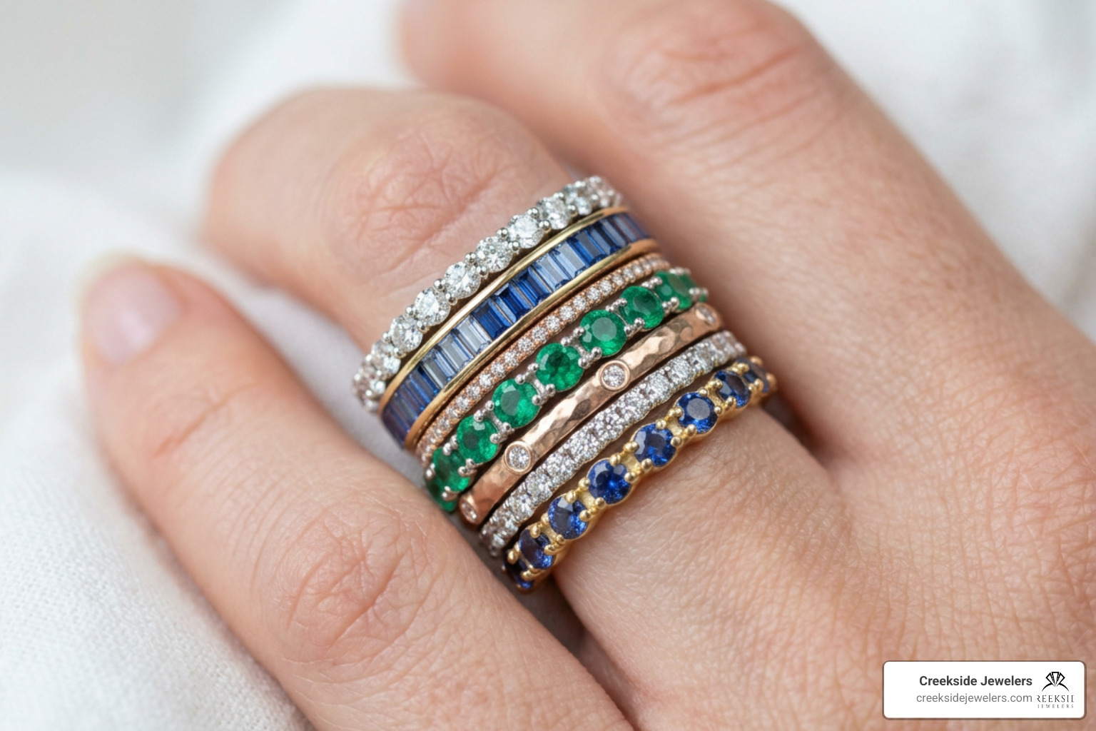Modern stackable wedding bands, eternity bands, and alternative gemstone wedding rings