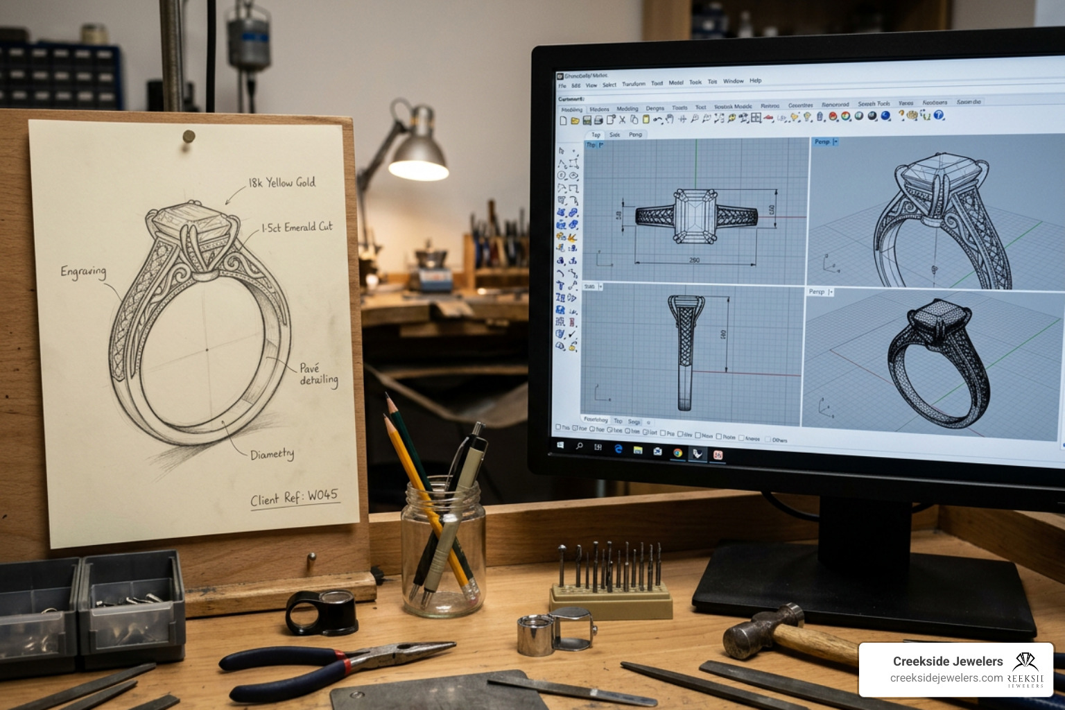 A custom jewelry design process showing a sketch and a 3D CAD model of a wedding ring