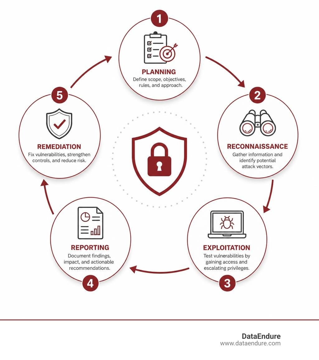 Penetration testing lifecycle: planning, reconnaissance, exploitation, reporting, remediation infographic Penetration testing lifecycle: planning, reconnaissance, exploitation, reporting, remediation infographic