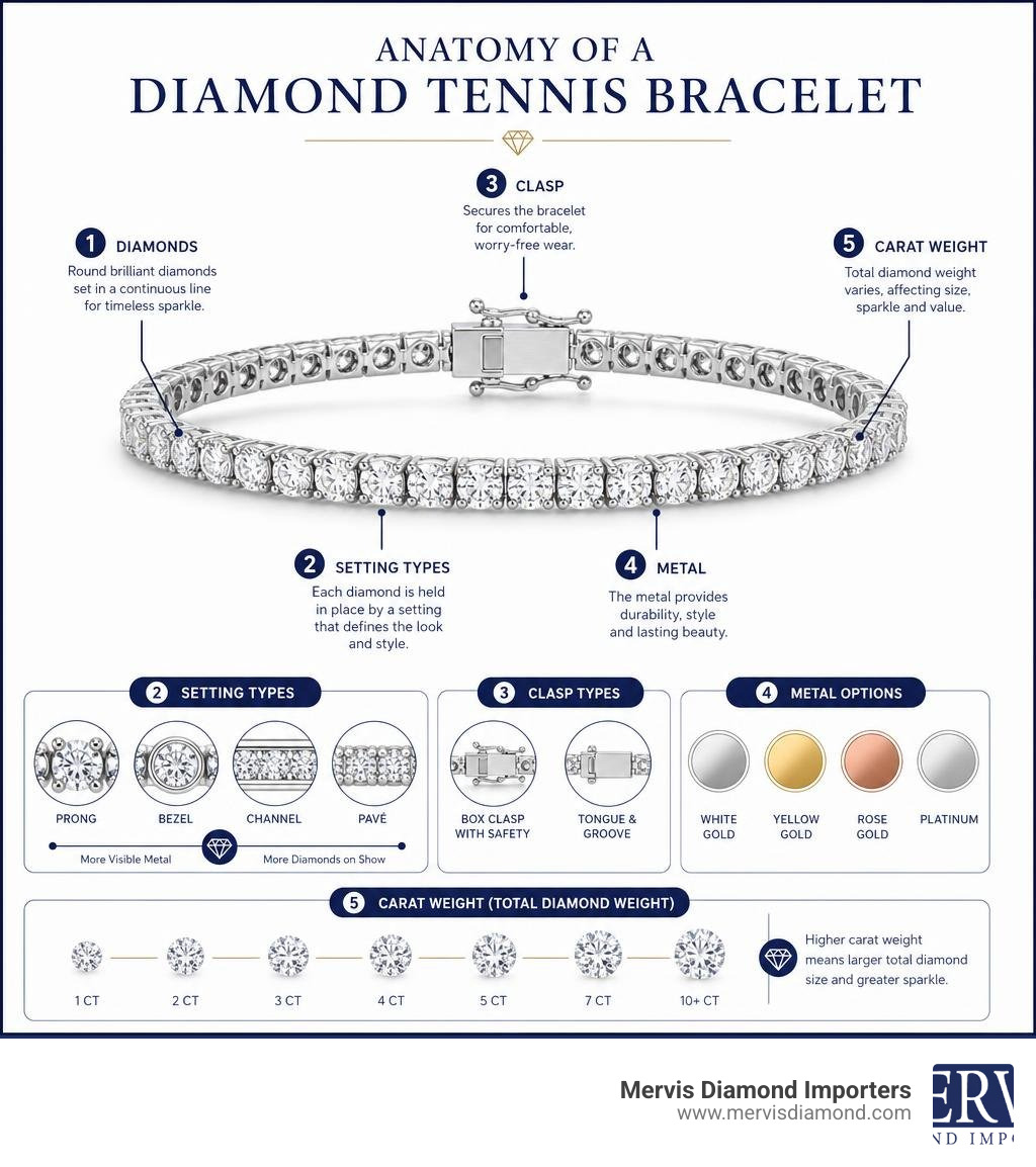 Infographic showing anatomy of a diamond tennis bracelet: diamonds, setting types, clasp, metal, and carat weight infographic Infographic showing anatomy of a diamond tennis bracelet: diamonds, setting types, clasp, metal, and carat weight infographic