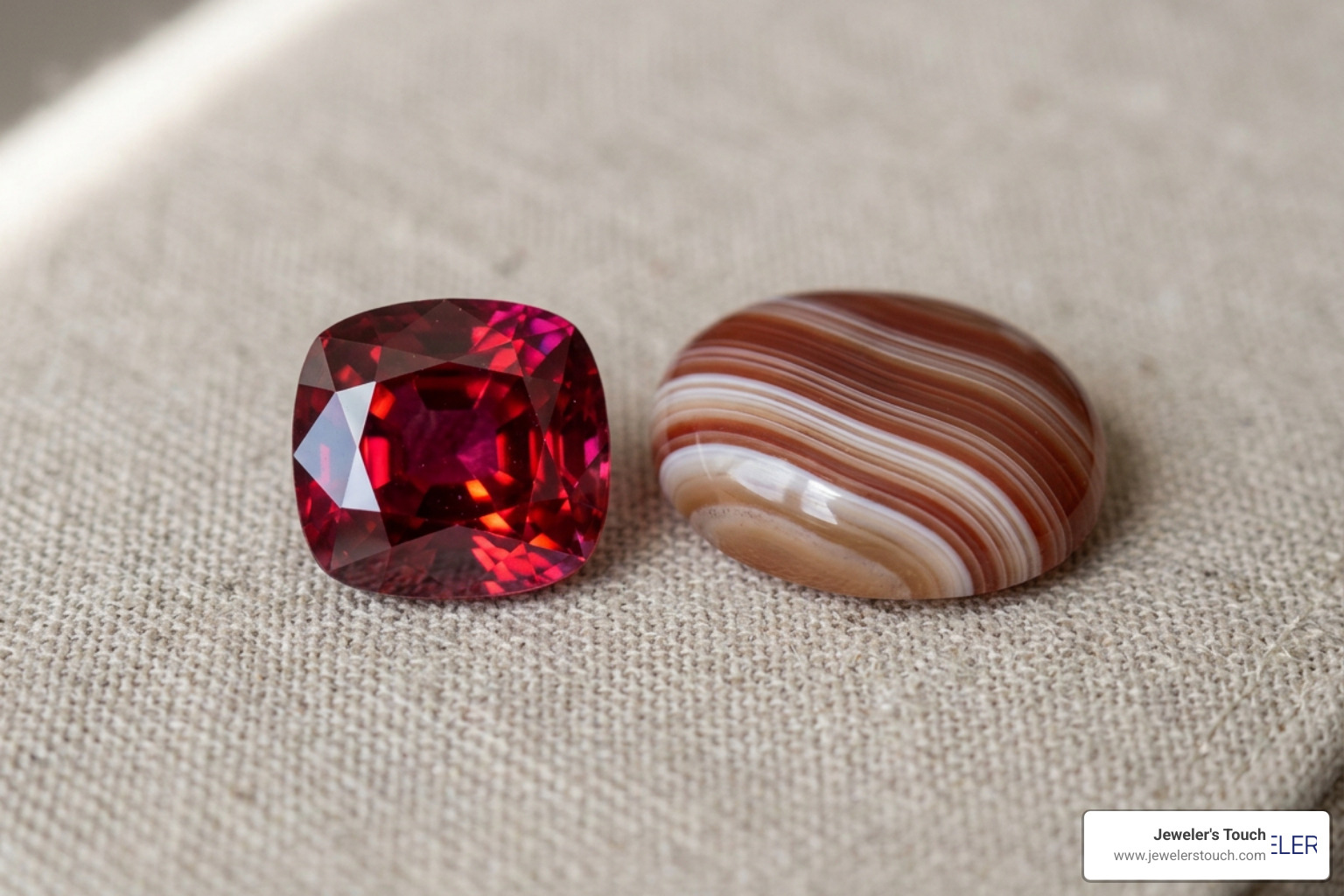 Vibrant red cushion-cut spinel and banded sardonyx gemstone side by side