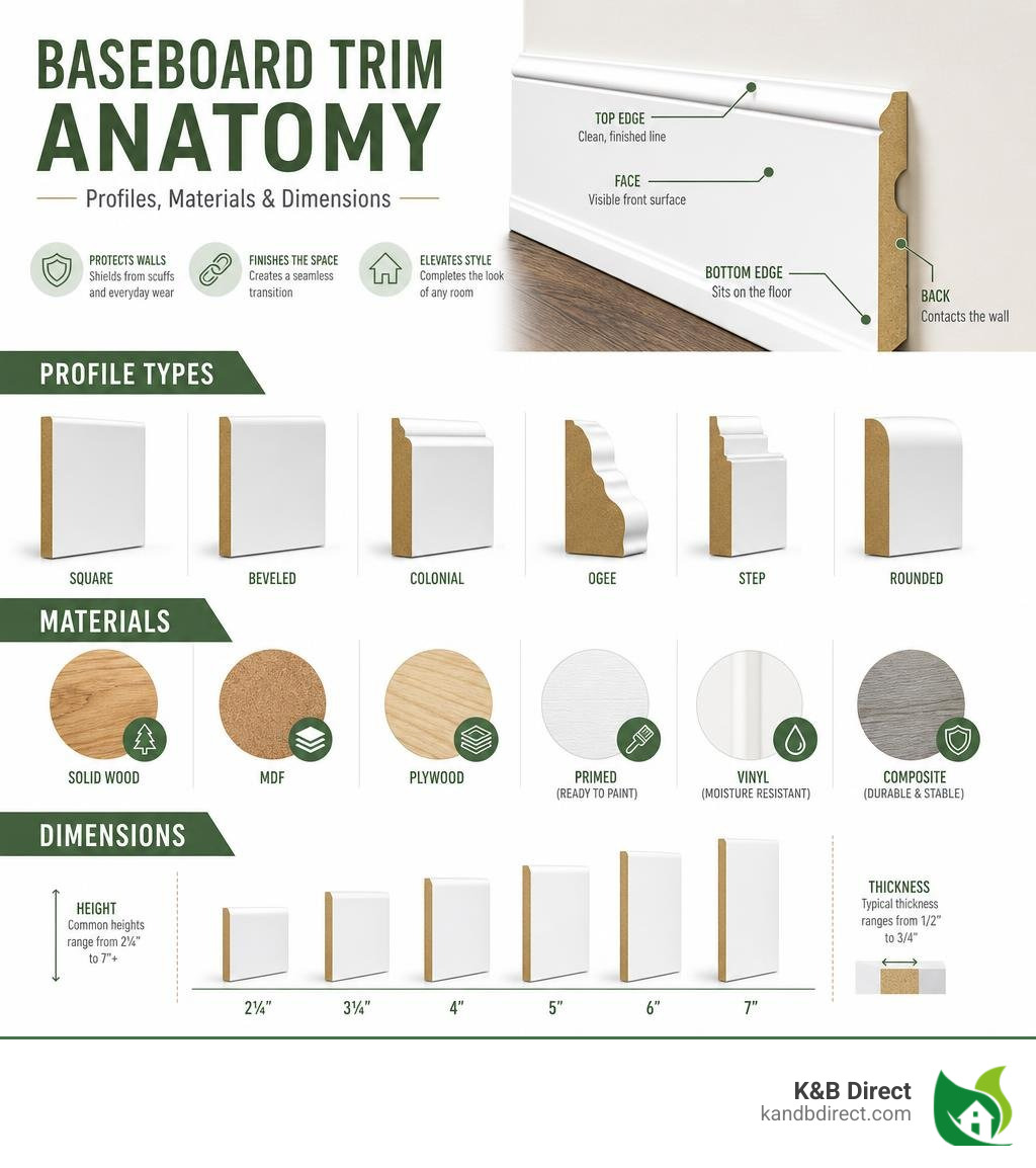 Baseboard trim anatomy infographic showing profile types, materials, and dimensions infographic Baseboard trim anatomy infographic showing profile types, materials, and dimensions infographic