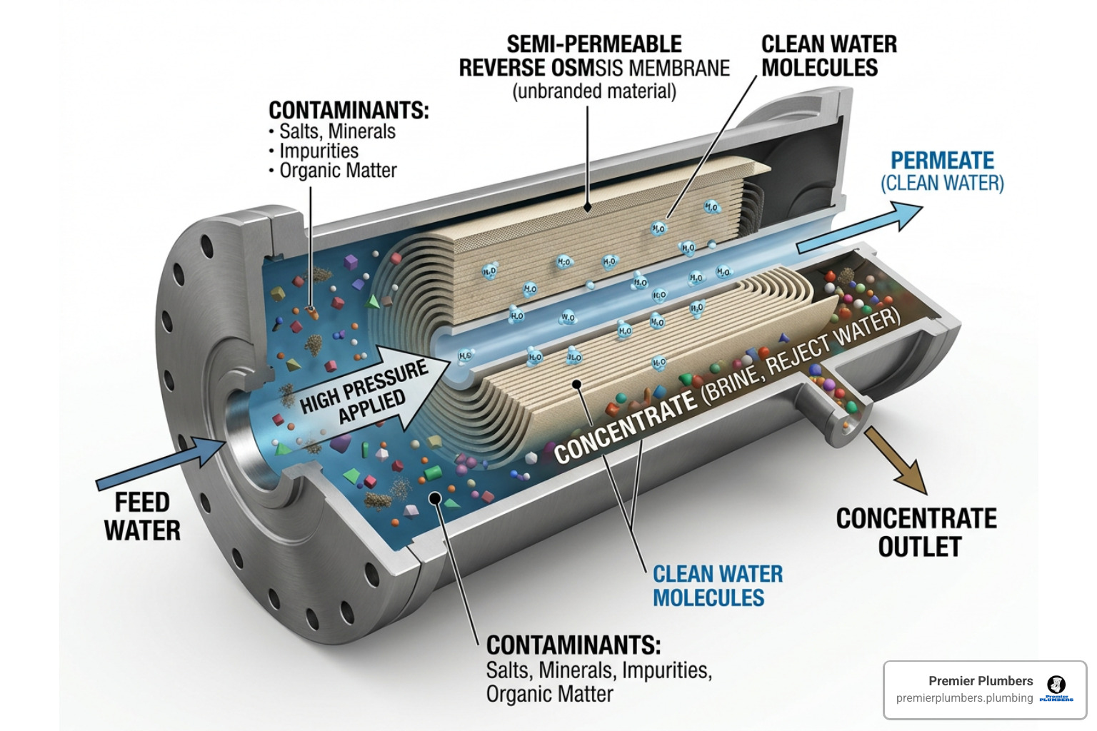 A detailed diagram showing water under pressure passing through a semi-permeable RO membrane, trapping contaminants