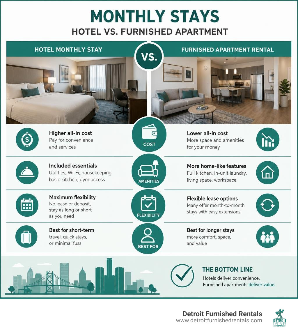 Infographic comparing monthly hotel stays vs furnished apartment rentals on cost amenities and flexibility infographic