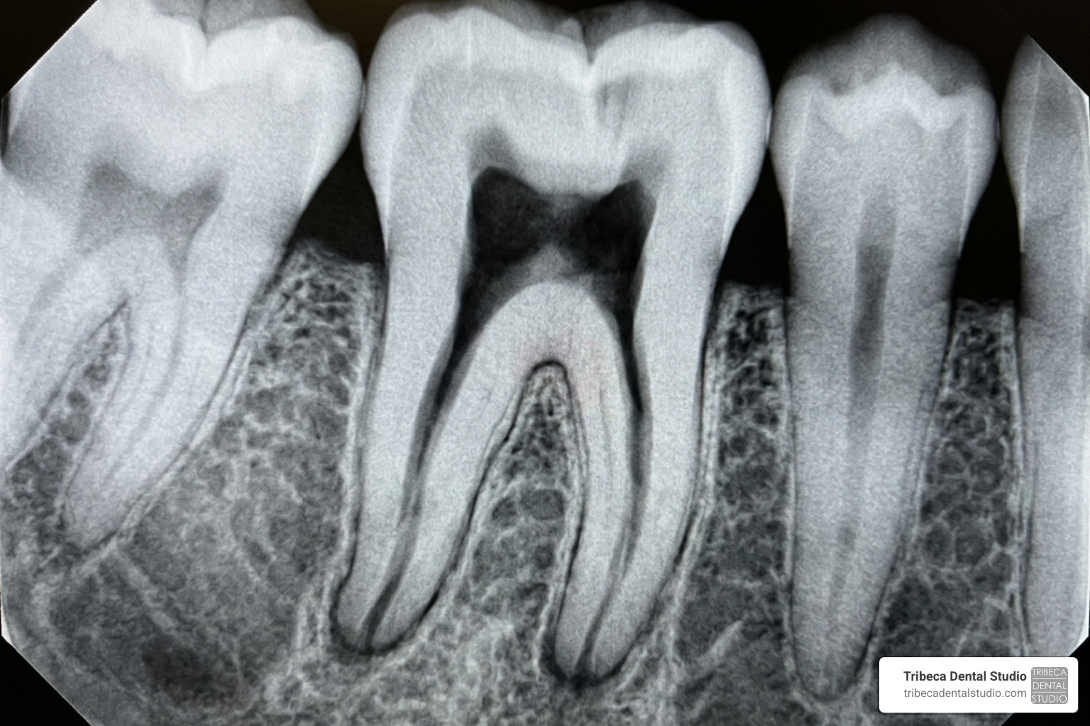 dental X-ray showing molar structure and pulp