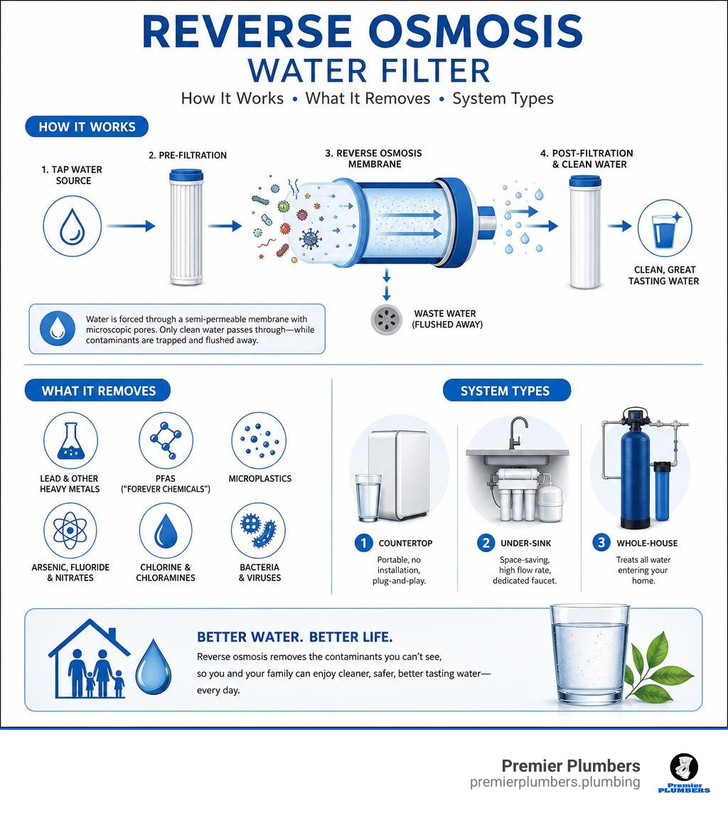 Infographic explaining how a reverse osmosis water filter works, what it removes, and system types infographic