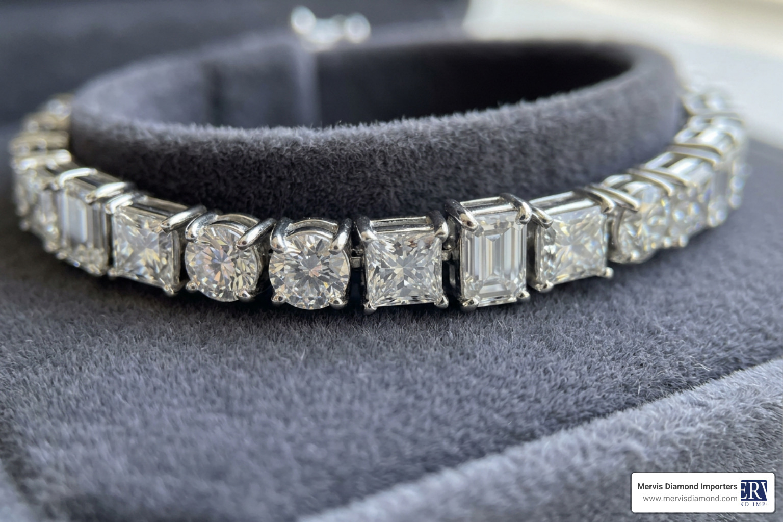 Close-up of different diamond cuts in a tennis bracelet setting