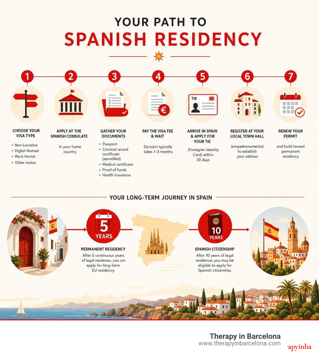 Spanish residency timeline infographic: visa types, document steps, TIE card, 5-year permanent residency, 10-year Spanish residency timeline infographic: visa types, document steps, TIE card, 5-year permanent residency, 10-year