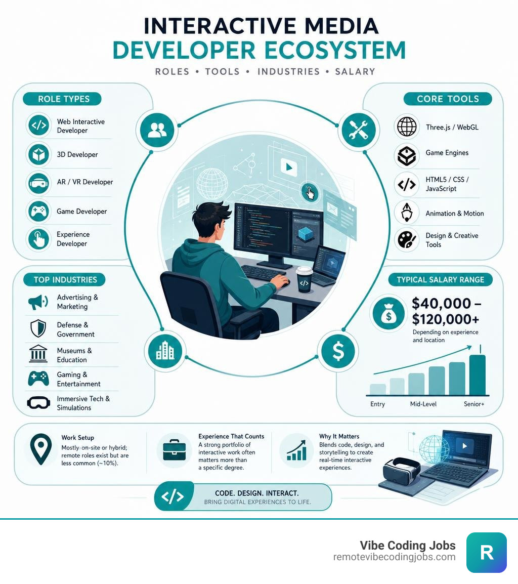 Interactive media developer ecosystem infographic showing role types, tools, industries, and salary ranges infographic