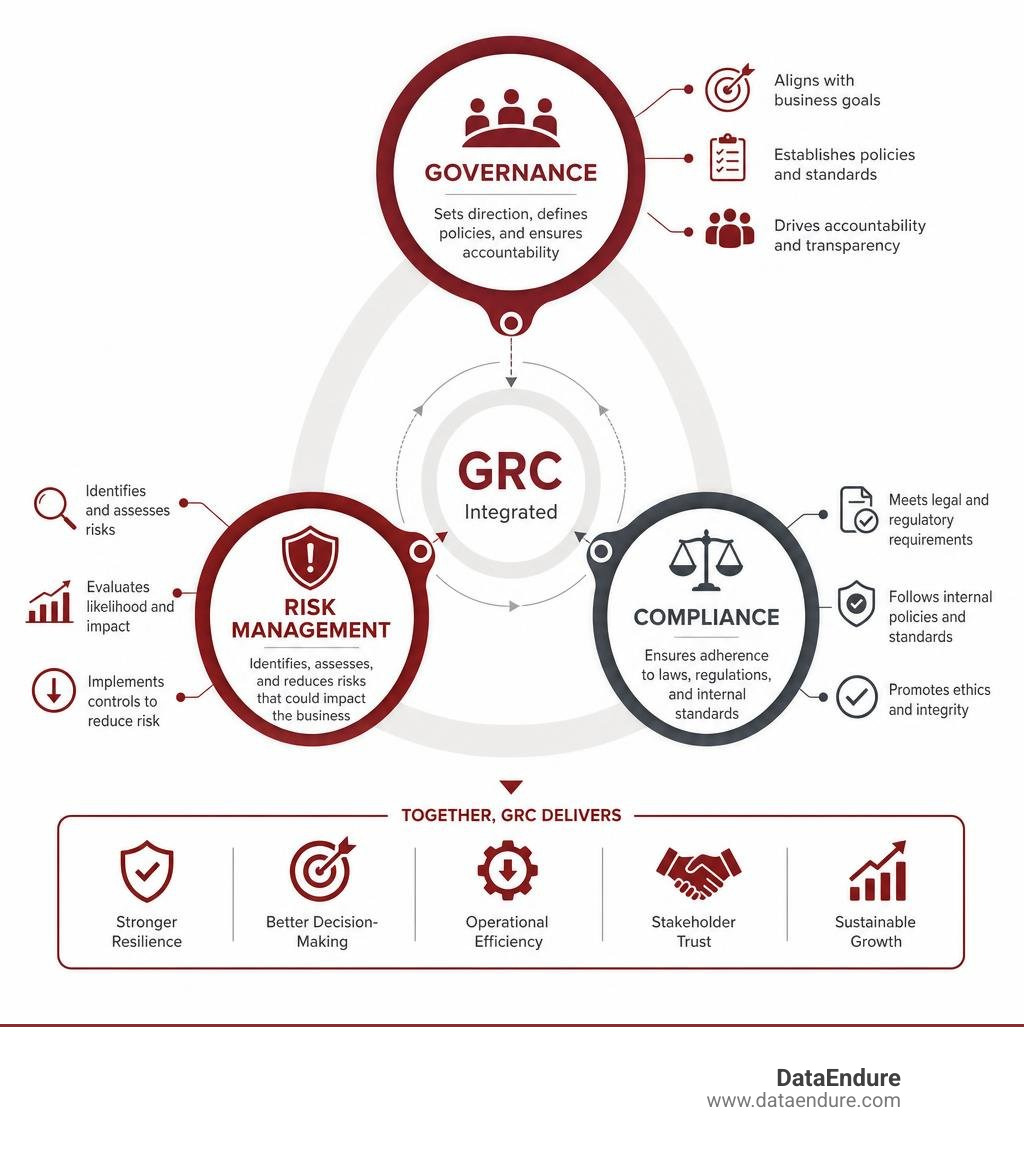 GRC components infographic: Governance, Risk Management, and Compliance pillars and how they interconnect infographic GRC components infographic: Governance, Risk Management, and Compliance pillars and how they interconnect infographic