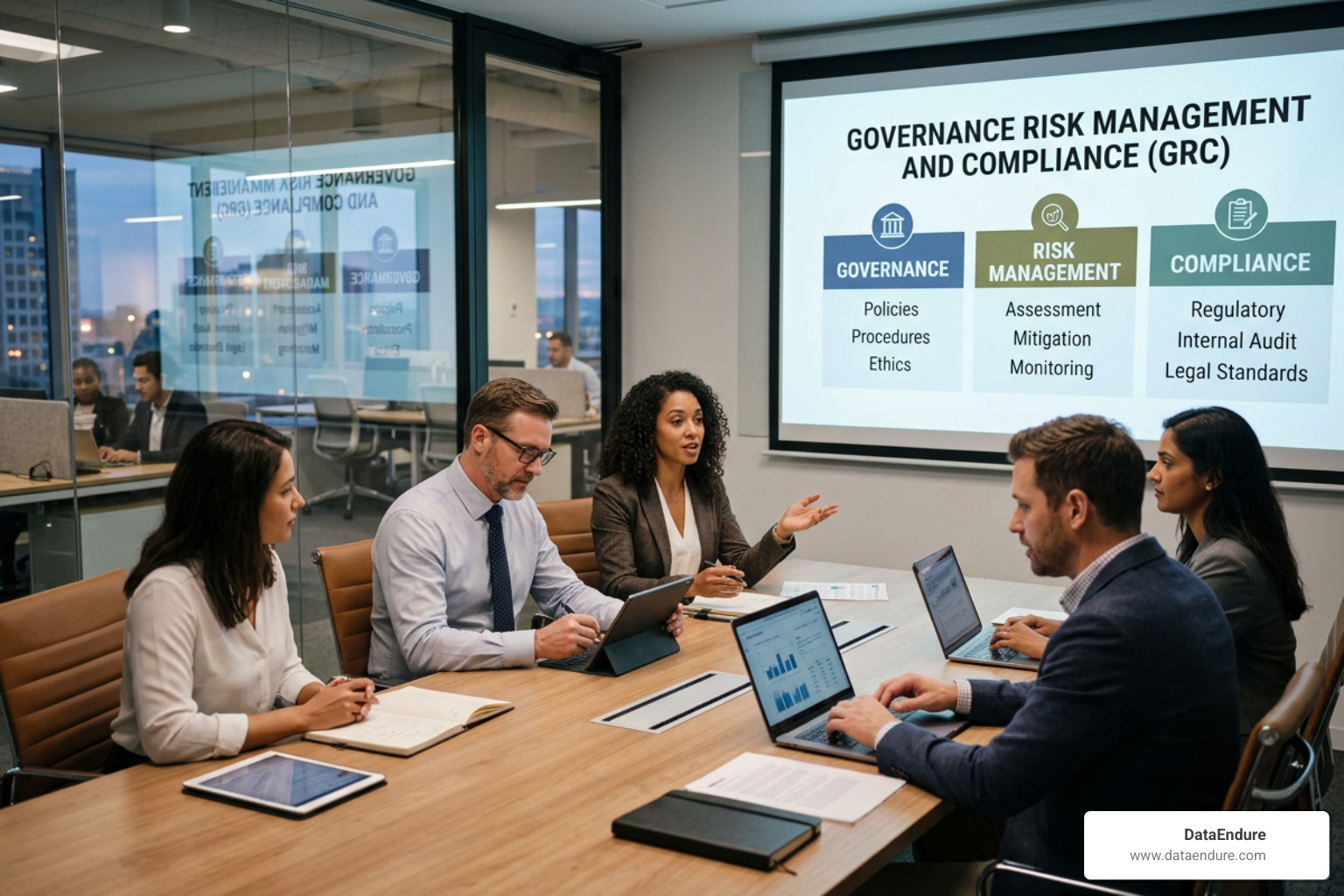 Integrated GRC dashboard displaying real-time security posture and compliance status Integrated GRC dashboard displaying real-time security posture and compliance status