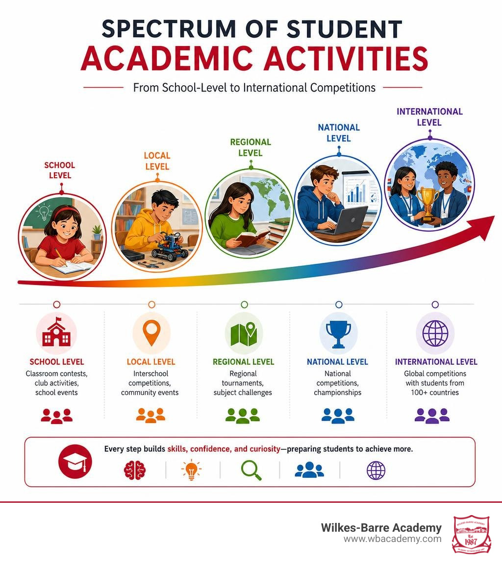 Spectrum of student academic activities from school-level to international competitions infographic