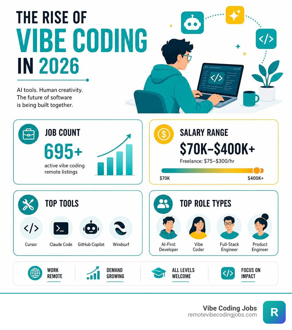 Infographic showing rise of vibe coding in 2026: job counts, salary ranges, top tools, and role types infographic