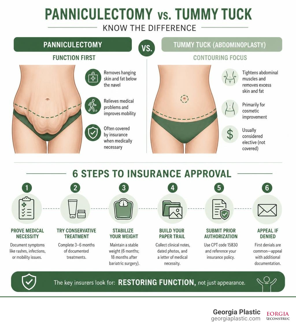 Infographic comparing panniculectomy vs tummy tuck and the 6 steps to insurance approval infographic