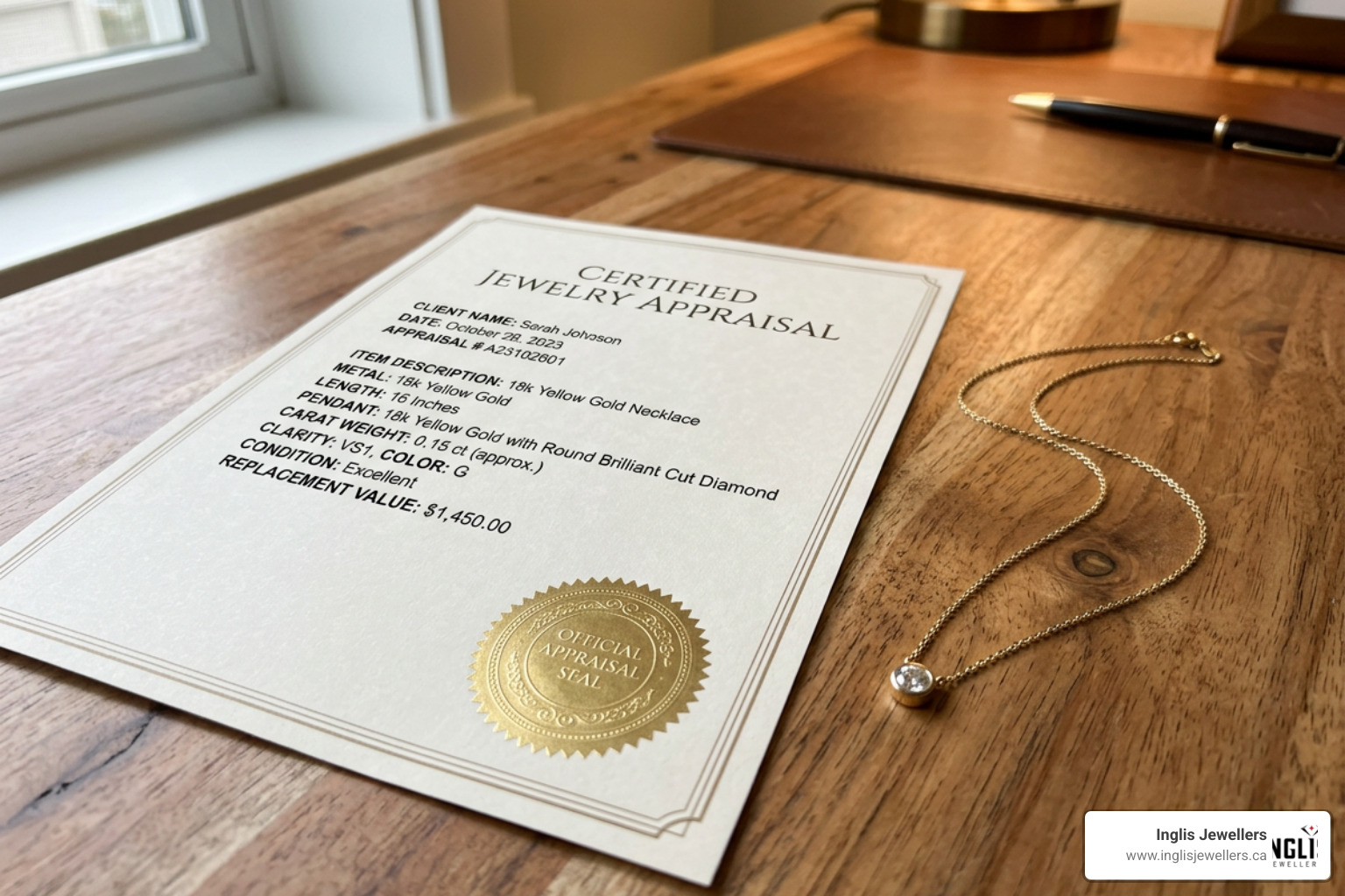Certified appraisal document with a gold necklace Certified appraisal document with a gold necklace
