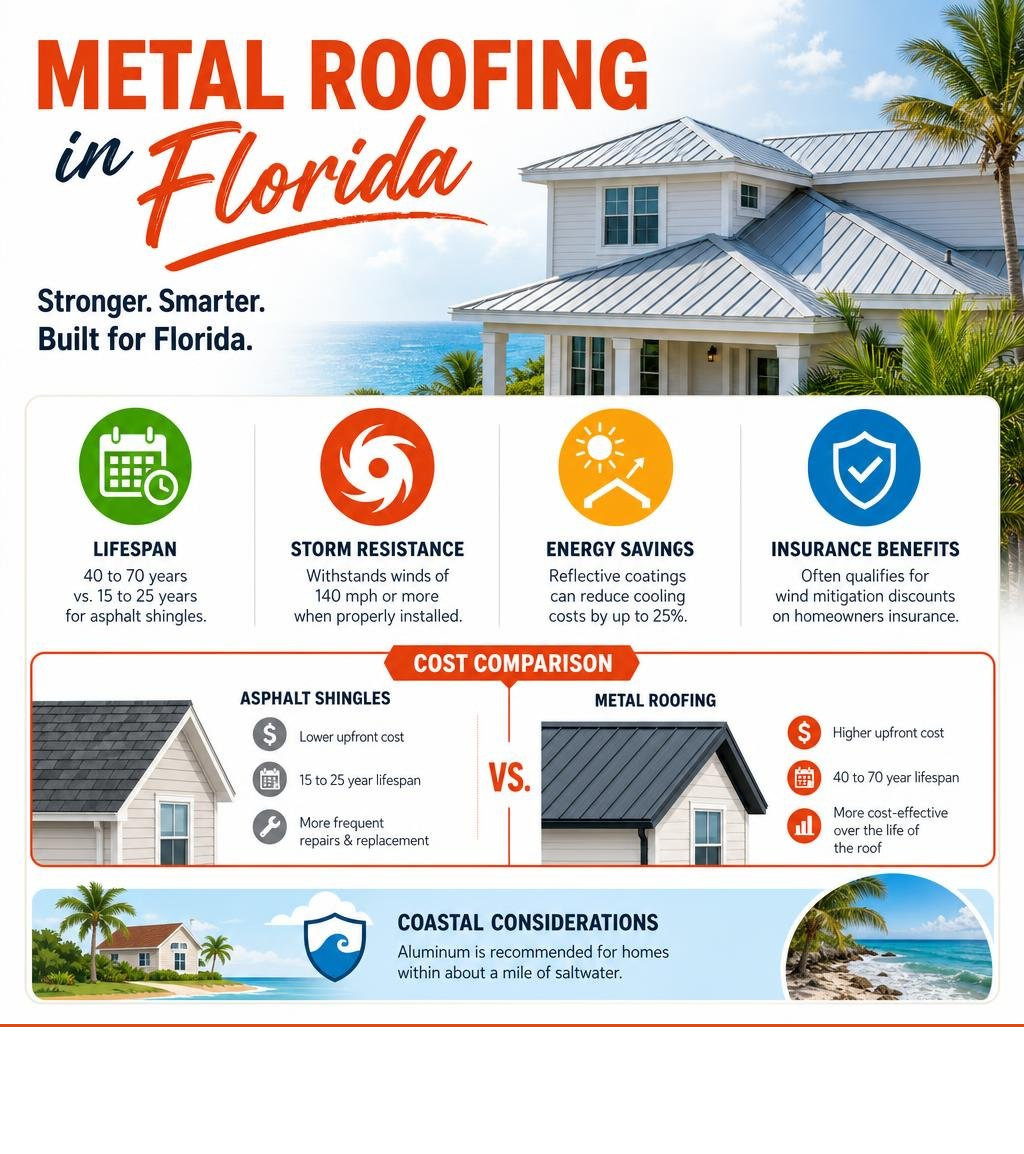 Metal roofing in Florida: lifespan, storm resistance, energy savings, and cost comparison infographic infographic