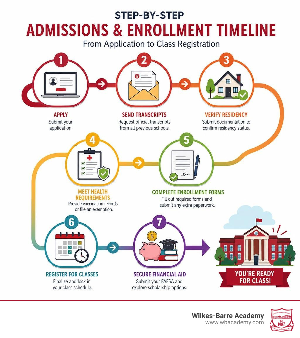Step-by-step admissions and enrollment timeline from application to class registration infographic Step-by-step admissions and enrollment timeline from application to class registration infographic