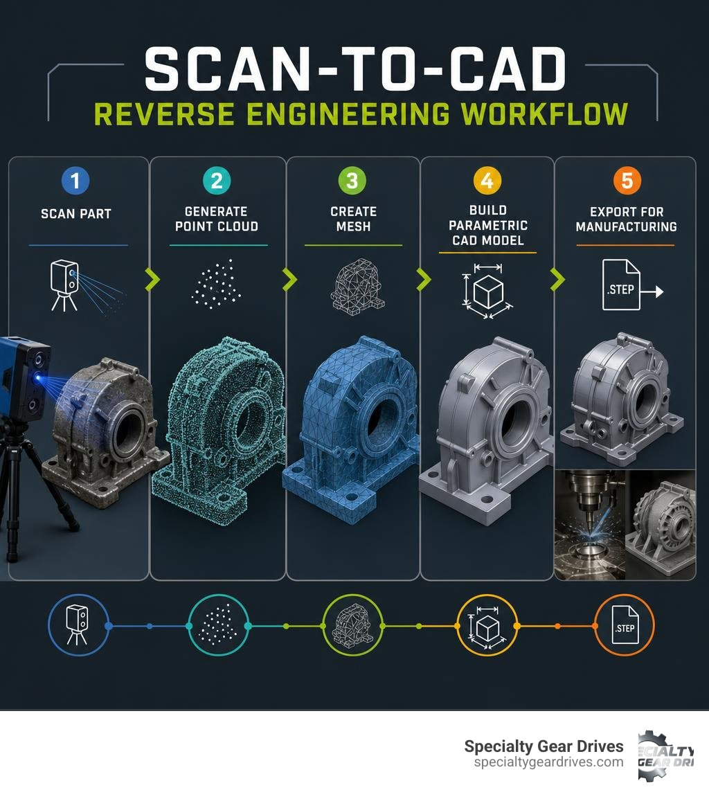 Scan-to-CAD reverse engineering workflow: scan part, generate point cloud, create mesh, build parametric CAD model, export Scan-to-CAD reverse engineering workflow: scan part, generate point cloud, create mesh, build parametric CAD model, export