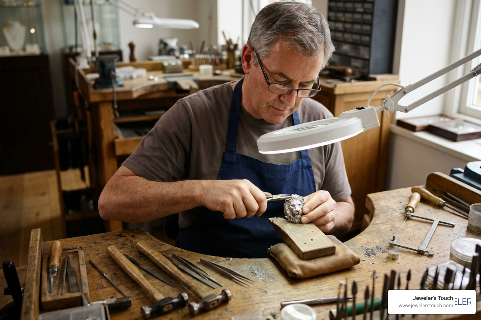 Expert jeweler meticulously crafting a silver lion pendant Expert jeweler meticulously crafting a silver lion pendant