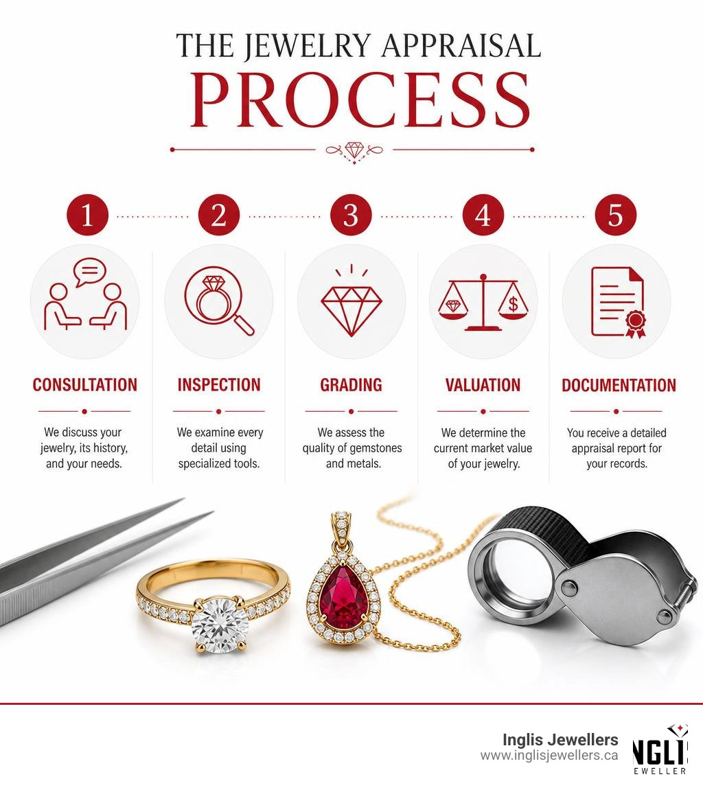 Step-by-step jewelry appraisal process infographic showing consultation, inspection, grading, valuation, and documentation Step-by-step jewelry appraisal process infographic showing consultation, inspection, grading, valuation, and documentation